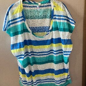 Extra Touch Blue and Yellow Striped Short Sleeve burn out Top 3x